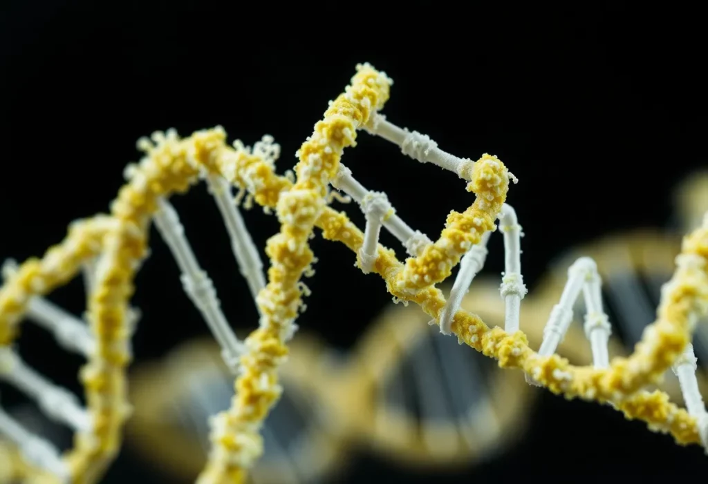 Illustration depicting BAP1 mutations alongside asbestos fibers representing mesothelioma risk.