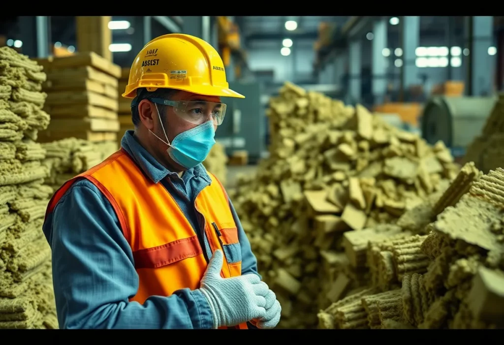 Factory worker wearing protective gear amidst asbestos materials