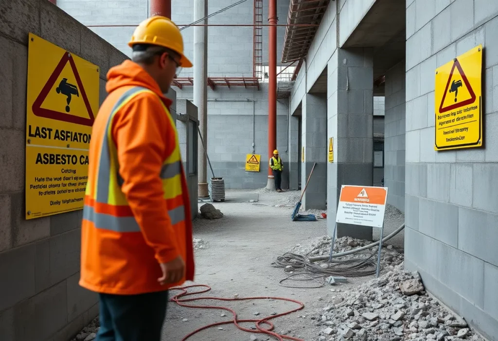 Workers in protective gear near asbestos warning signs on a construction site.