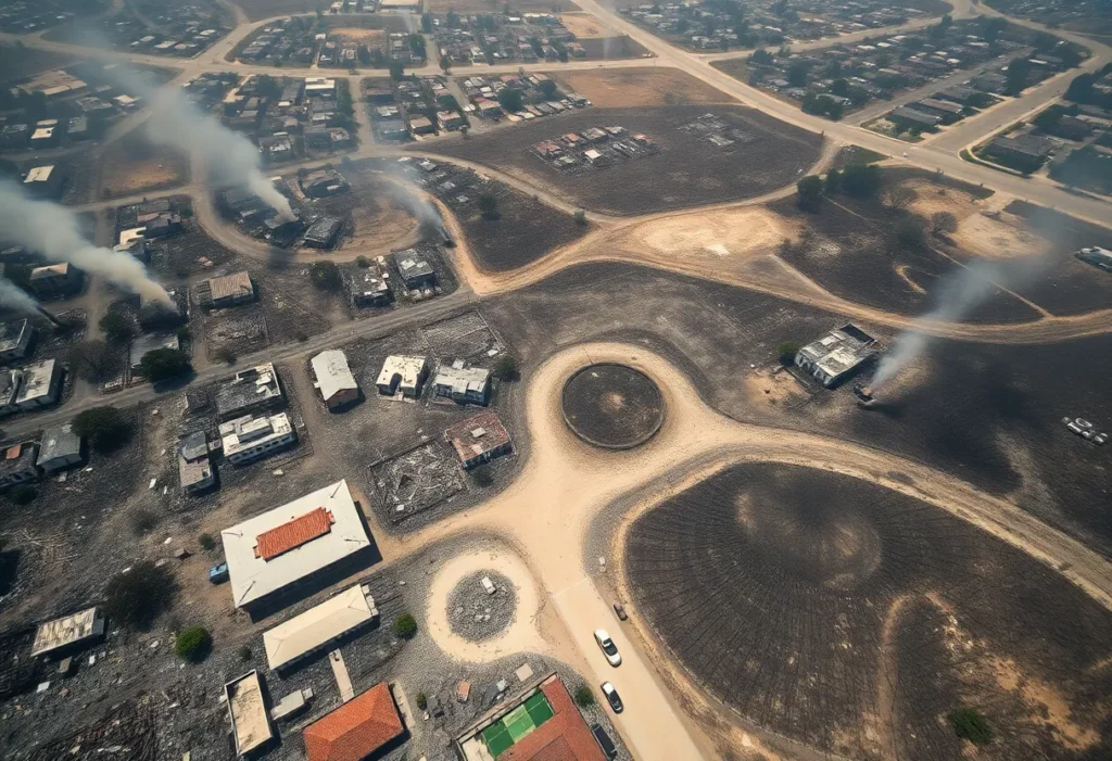 Aerial view of wildfires damage in Los Angeles, showing ash and destruction