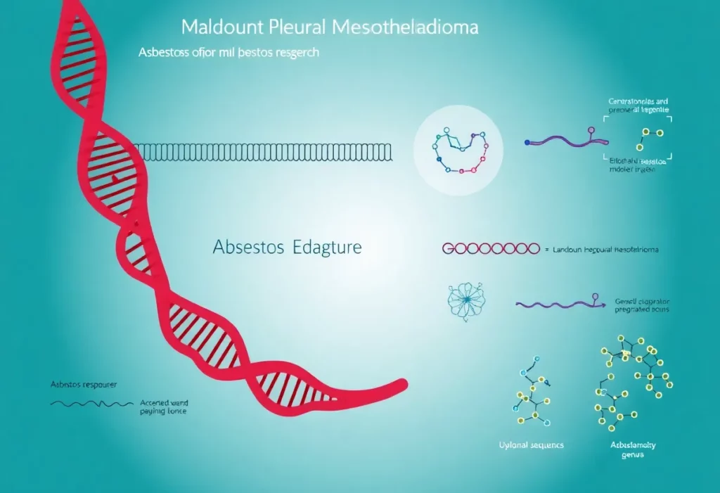 Illustration of genetic research focusing on malignant pleural mesothelioma and asbestos exposure.