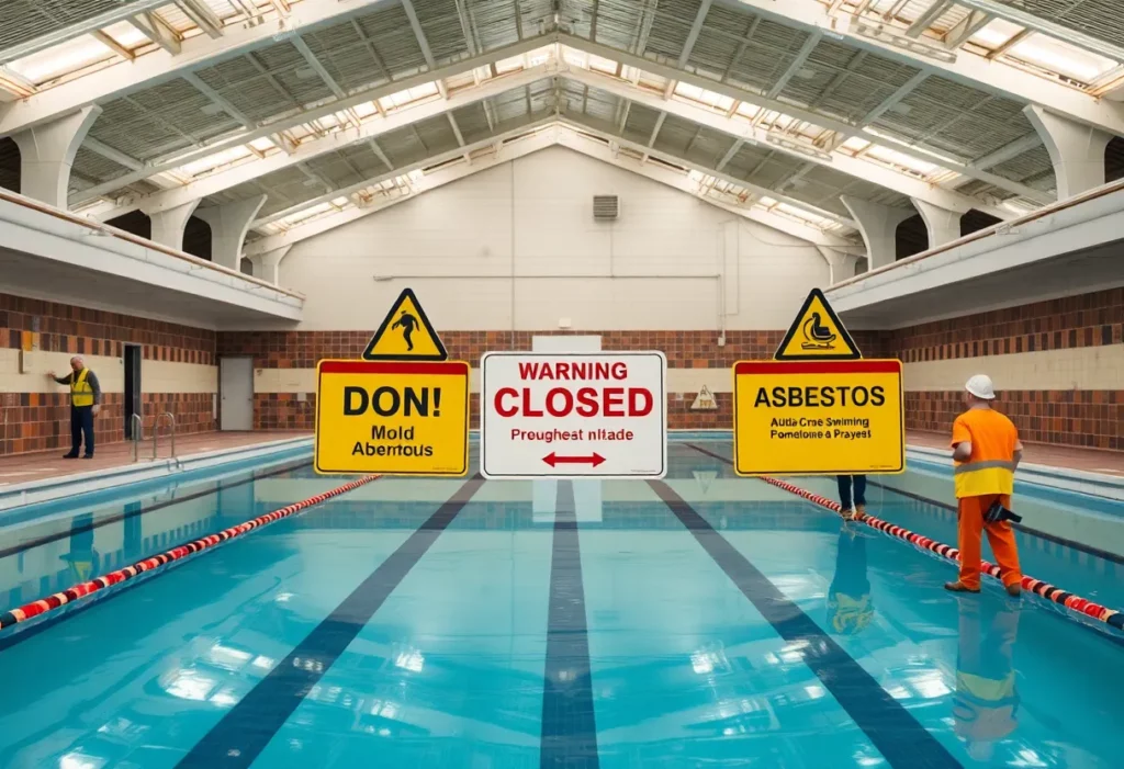 Workers conducting mold and asbestos remediation at Paradise Hills Pool