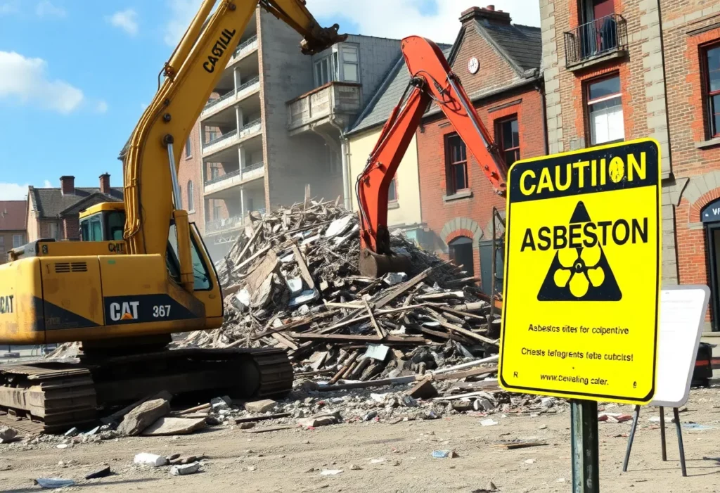 Demolition scene in Patten showing heavy machinery and asbestos caution signs