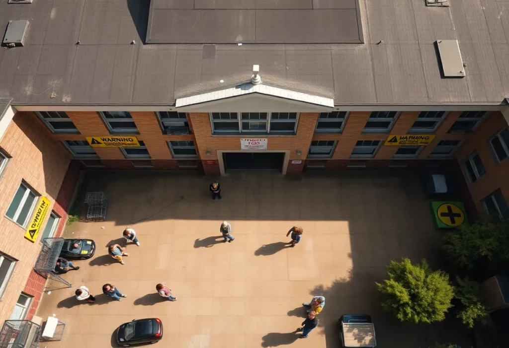 Aging school building in Philadelphia with asbestos warning