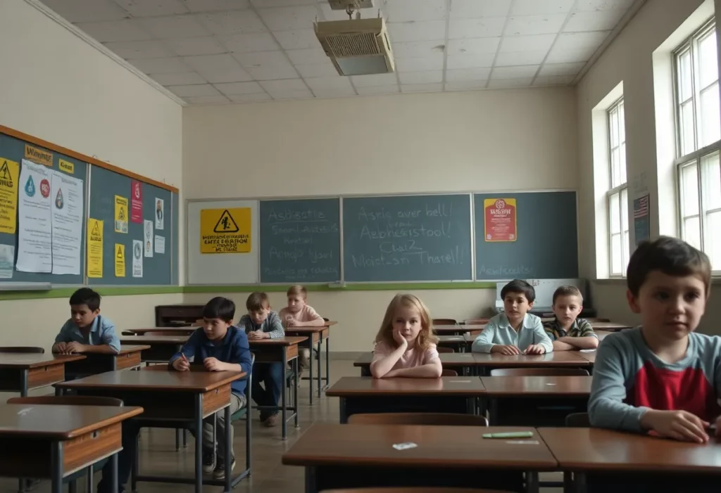 Classroom in Philadelphia school showing asbestos warning signs