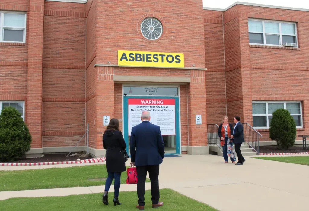 Families discussing asbestos safety outside a school building in Philadelphia.