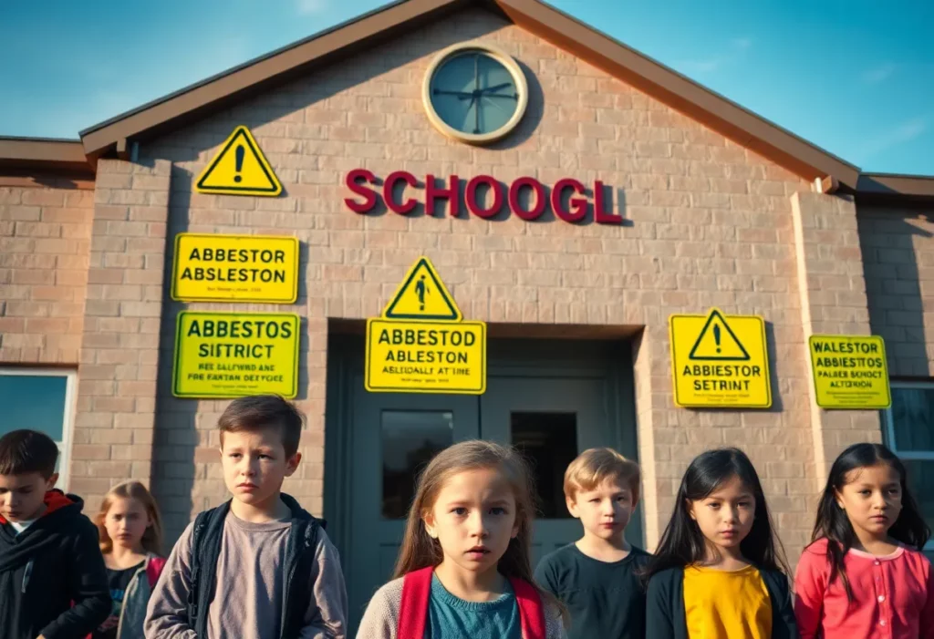 Warning sign about asbestos at a Philadelphia school district building