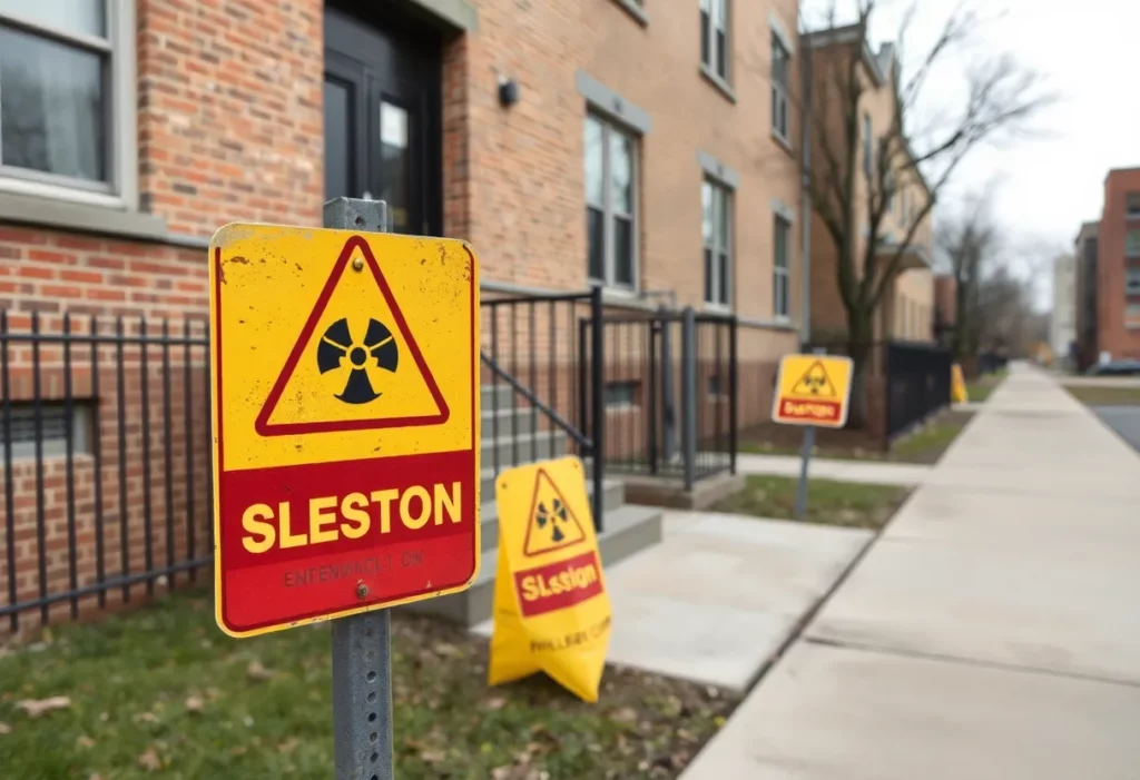 Warning signs indicating asbestos hazards in a school building