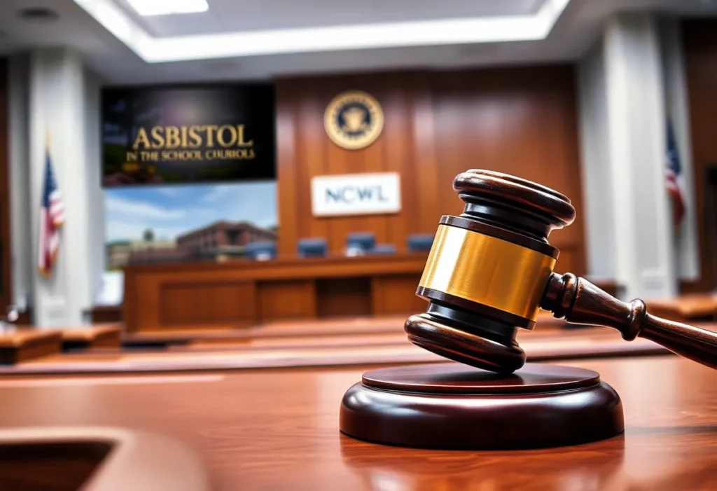 Illustration of asbestos violations in a school district courtroom setting.