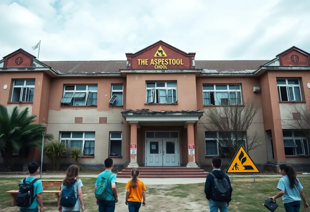 A school building showing visible asbestos concern with students nearby.