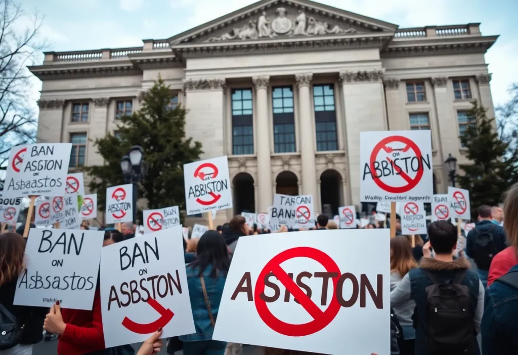 Protesters holding signs demanding an asbestos ban outside government offices