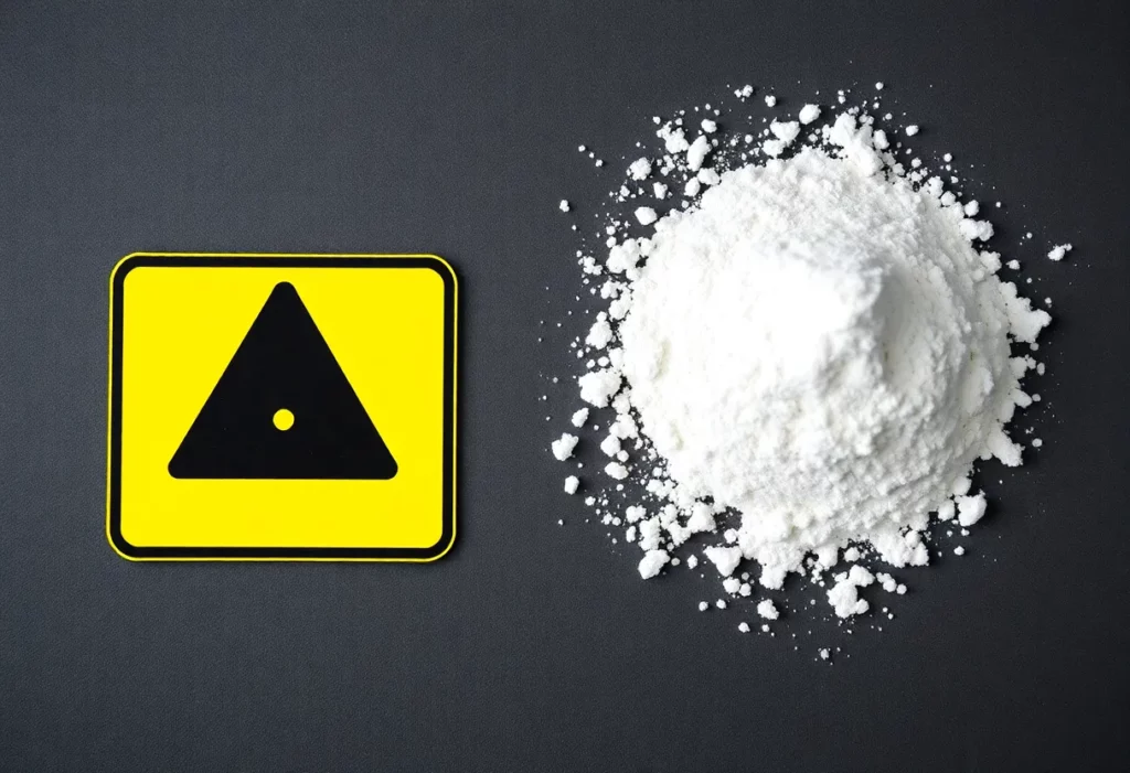 Talc powder with warning symbols about health risks.