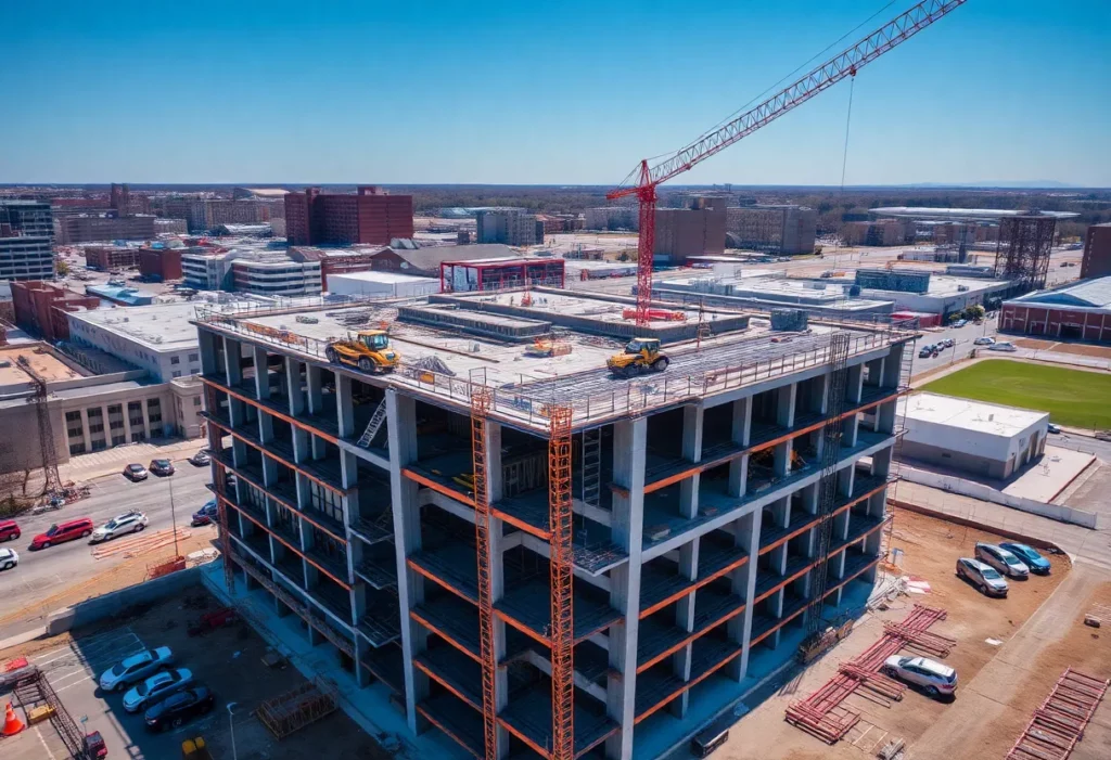 Aerial view of Trumbull Center construction site with safety measures in place.
