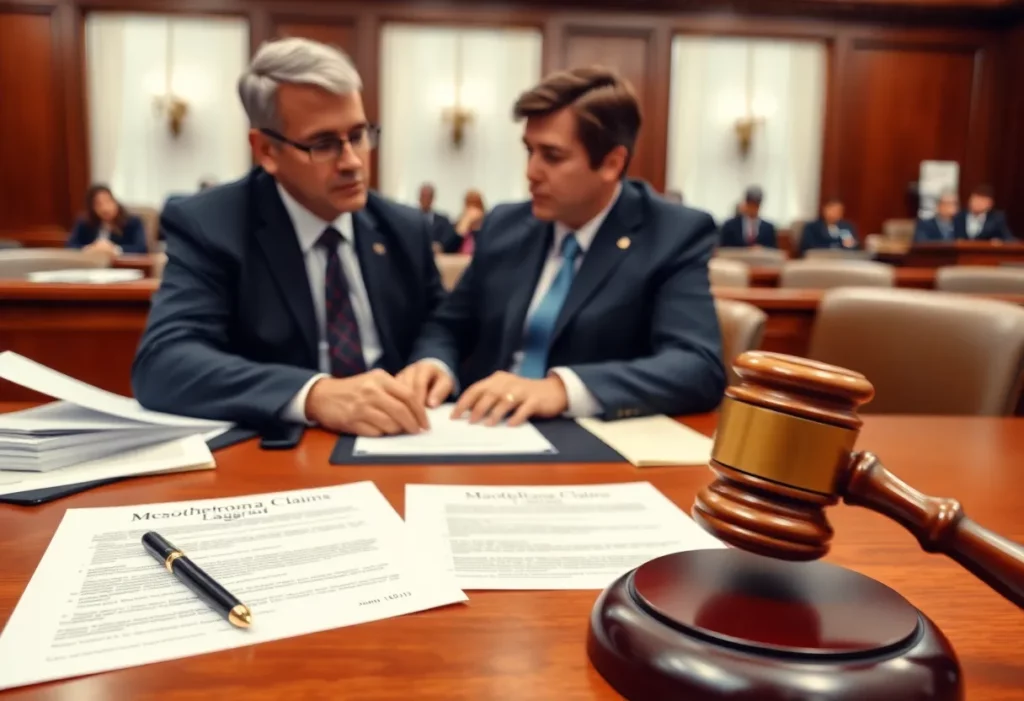 An attorney discussing mesothelioma claims with a client in a courtroom.