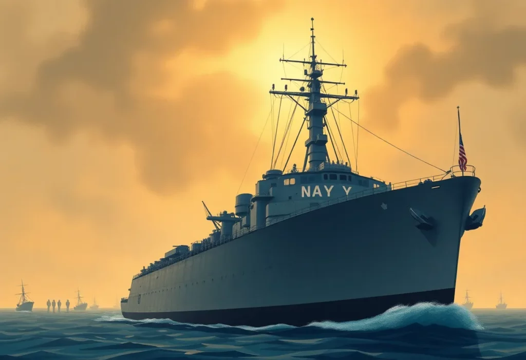 USS Blandy ship with veterans in the background