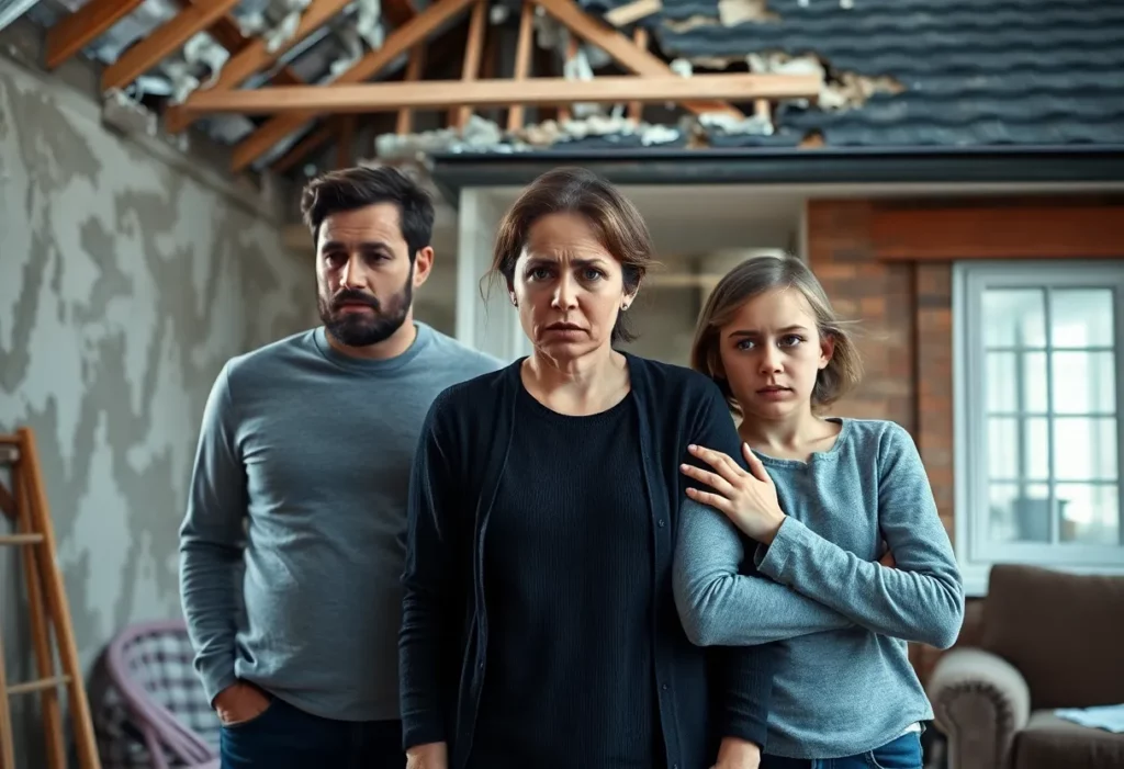 The Wallace family in front of their home undergoing repairs related to asbestos discovery.