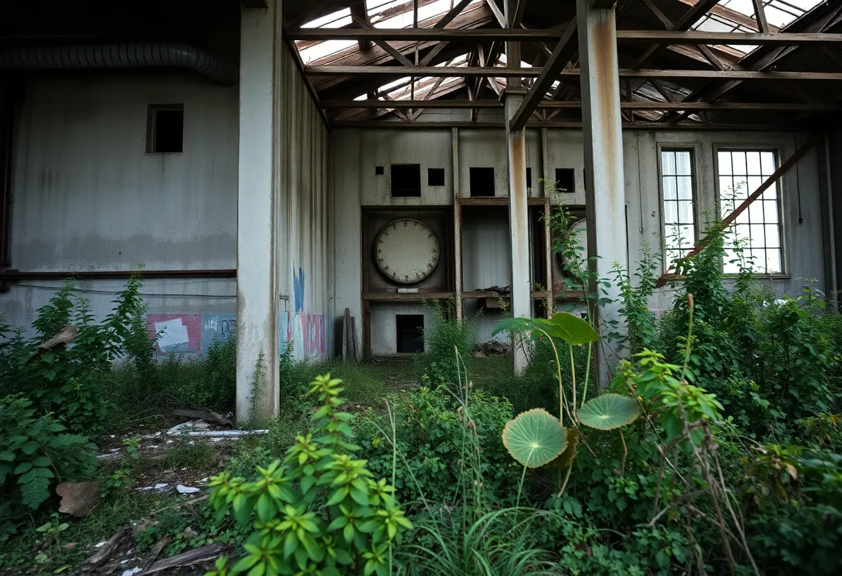 Decaying industrial building with signs warning of asbestos exposure