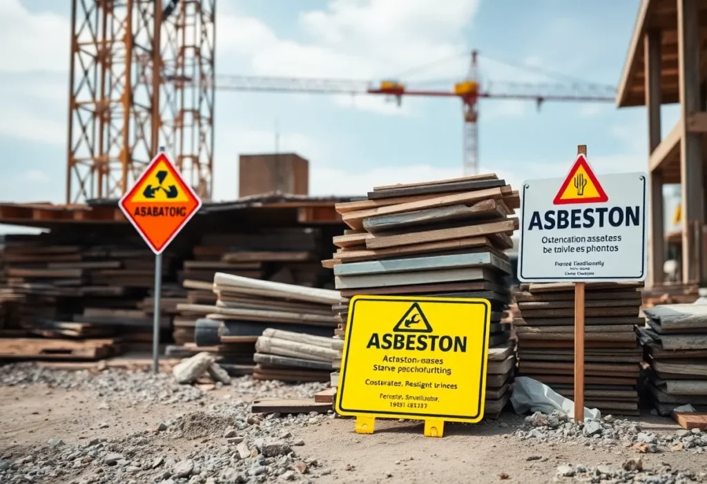 Construction site with asbestos warning signs