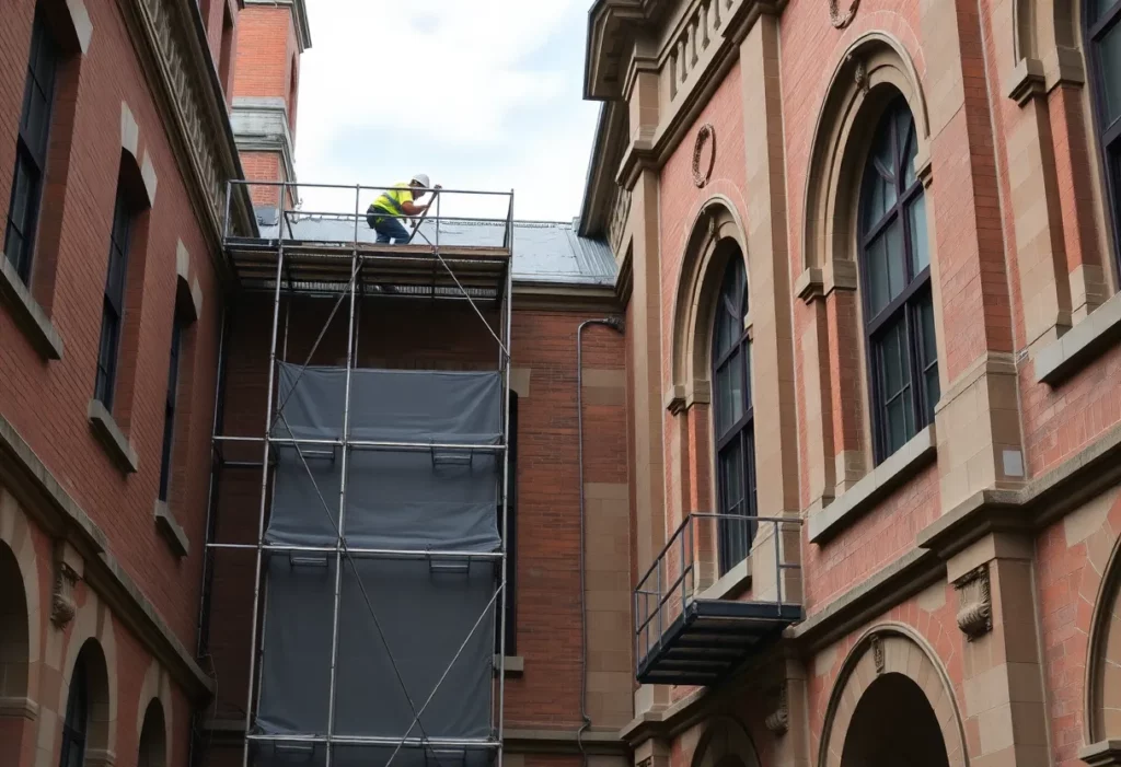Workers in protective gear at 1901-Laughlin Hall during asbestos abatement