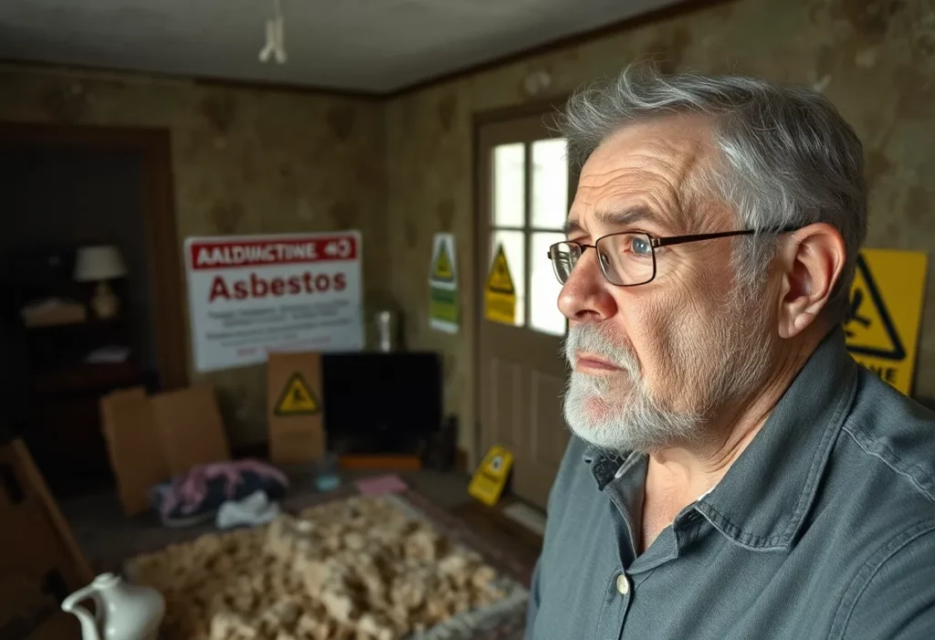 A distressed homeowner examining their old property for asbestos signs.