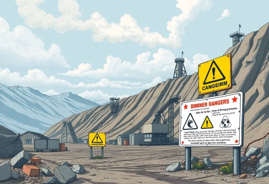 Illustration depicting the dangers of asbestos mining and environmental health risks in Central Asia.