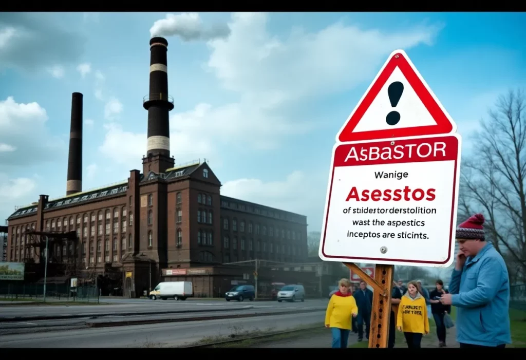 A montage showcasing industrial settings and community support against asbestos exposure