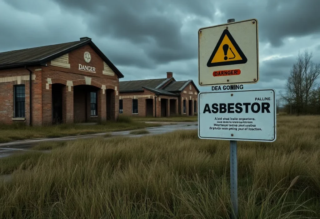Neglected public building with asbestos warning sign