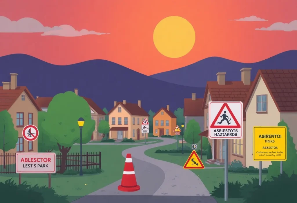 Illustration of a closed park with environmental hazard signs related to asbestos exposure.
