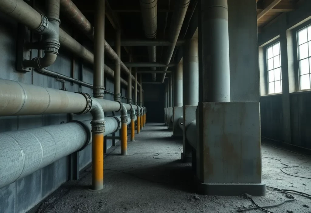 Industrial factory environment with potential asbestos exposure risks.