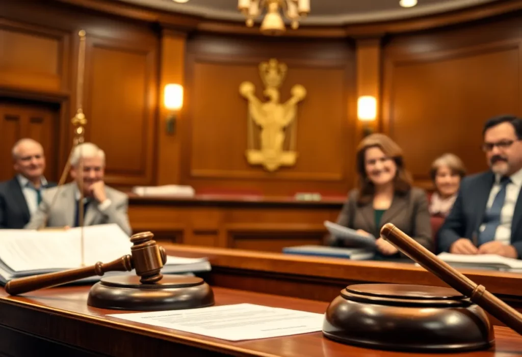 Courtroom scene celebrating a legal victory in an asbestos exposure case.