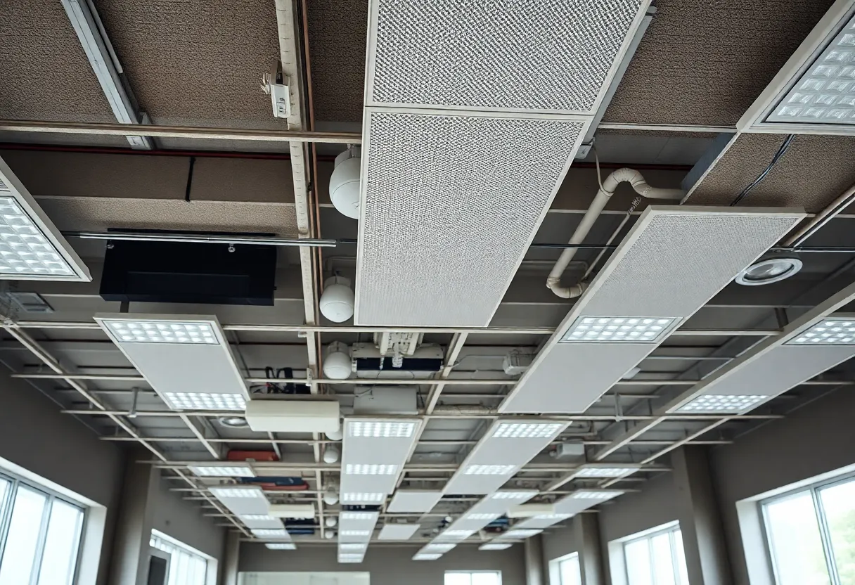 Office interior with raised floors and suspended ceilings indicating potential asbestos risks.