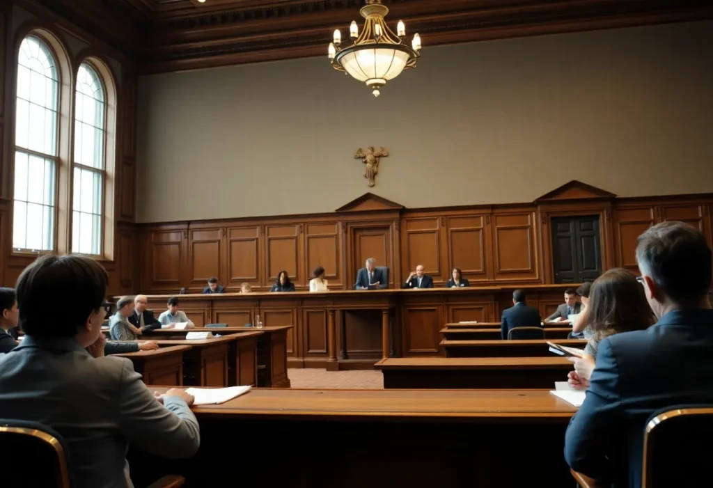 Courtroom discussing asbestos exposure case against school district