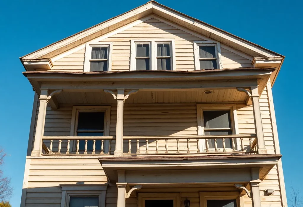 Exterior view of a vintage home showcasing potential asbestos hazards