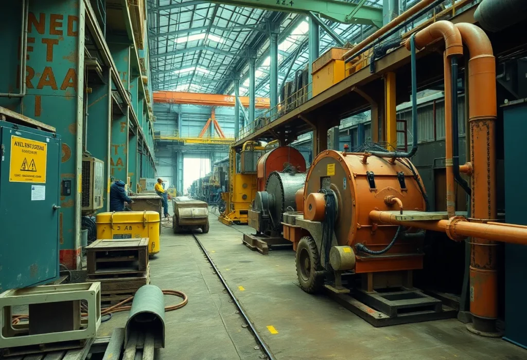 Industrial worksite with potential asbestos hazards.