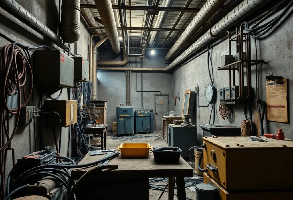 Hazardous materials and tools in an electrician's workspace