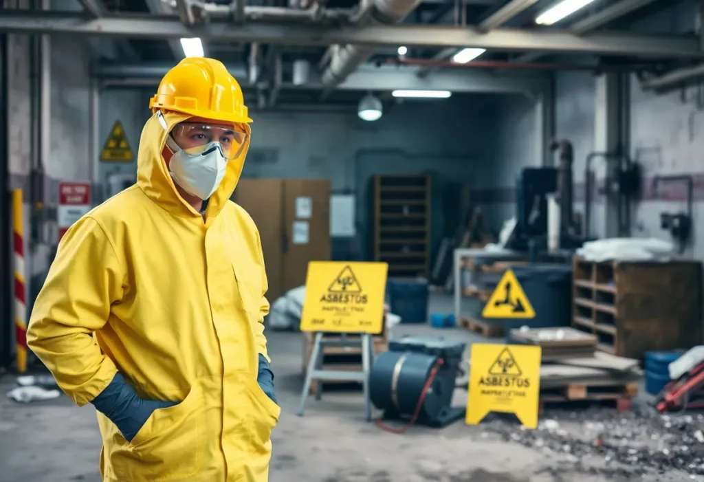 Warning signs for asbestos hazards in a workplace environment