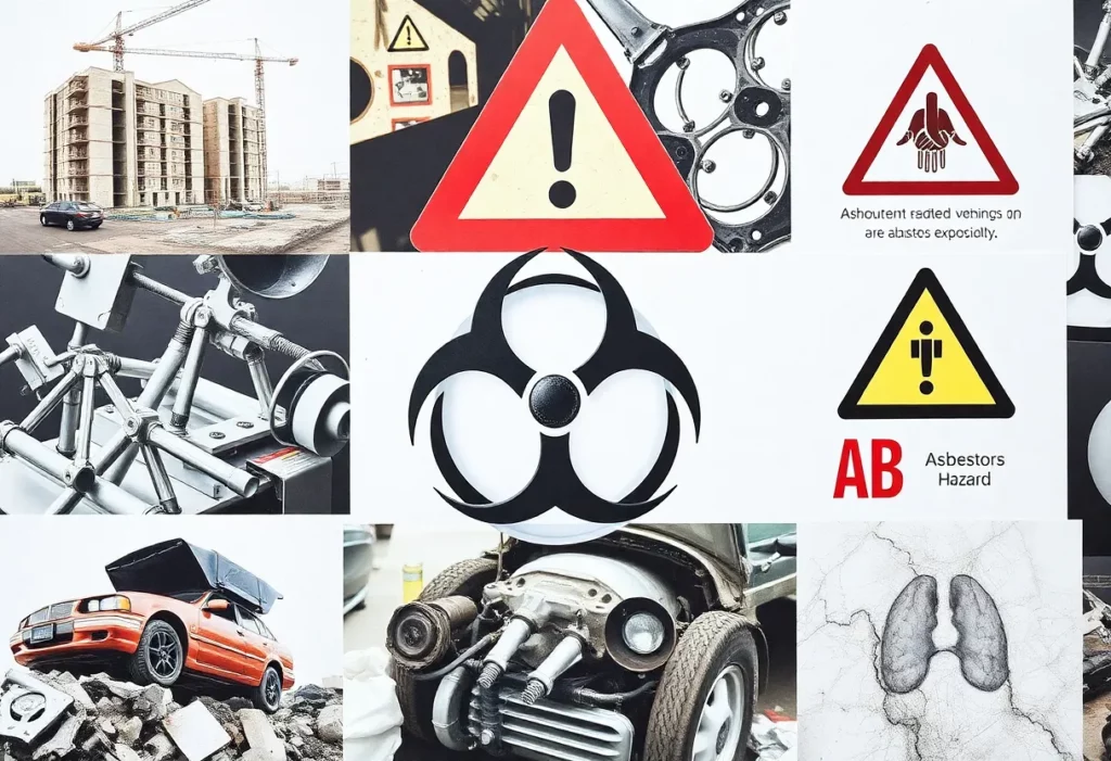 Visual representation of asbestos hazards in construction and automotive industries.