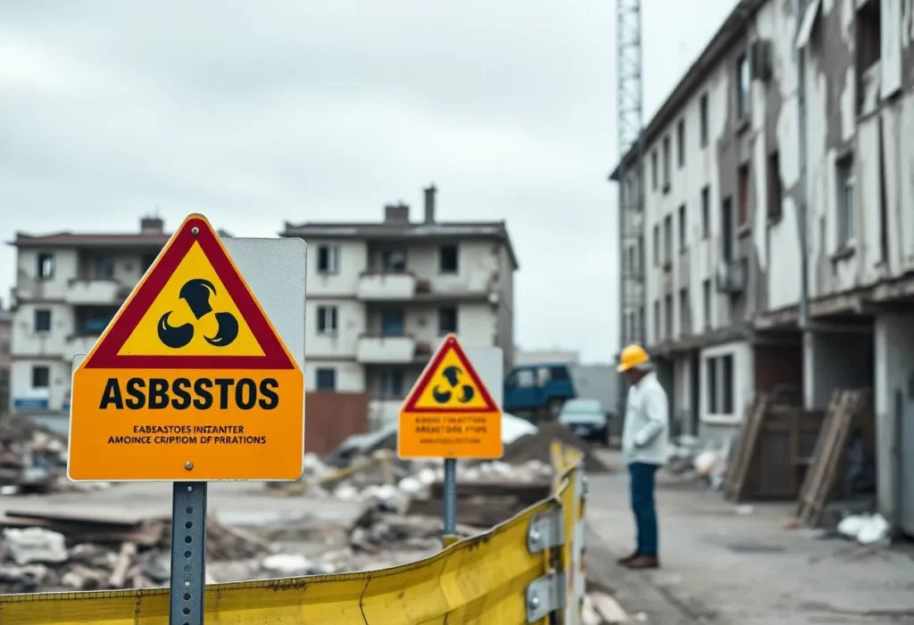 Warning signs for asbestos at a construction site