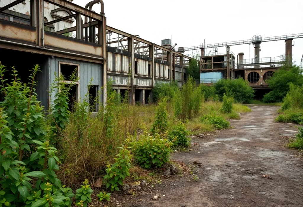 Overgrown industrial site suspected of asbestos contamination.