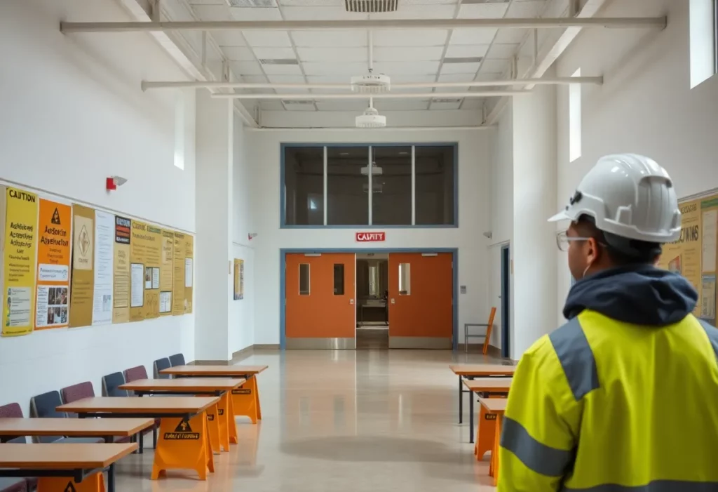 School building with asbestos inspection in progress