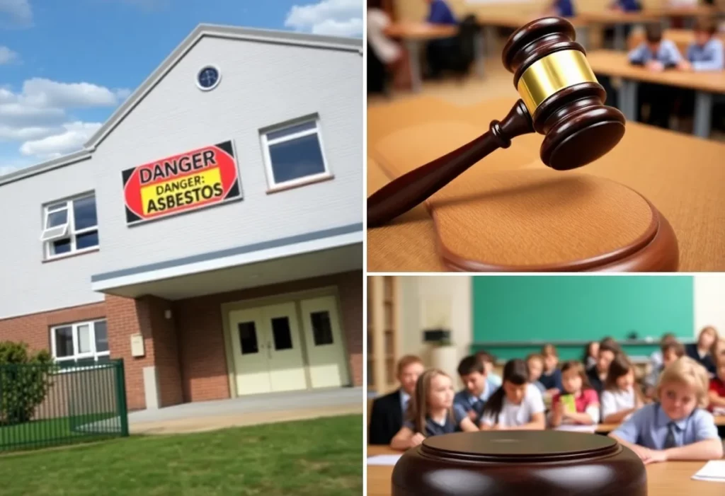A school building with a warning sign about asbestos