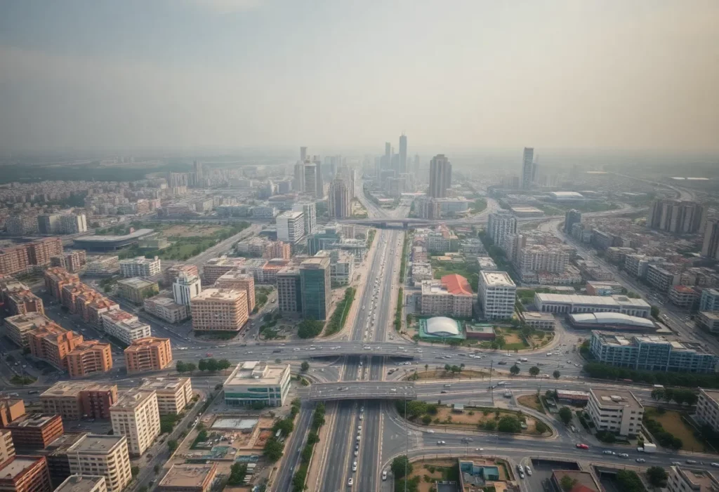 Aerial view of Shiraz showing urban and traffic areas with concern over pollution.