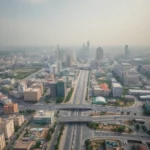Aerial view of Shiraz showing urban and traffic areas with concern over pollution.