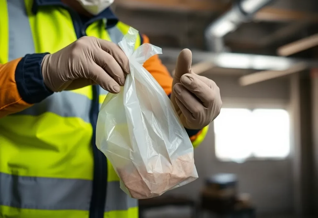 Construction worker using a glove bag for safe asbestos removal