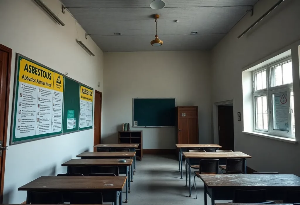 Empty classroom with noticeboards posing asbestos risks
