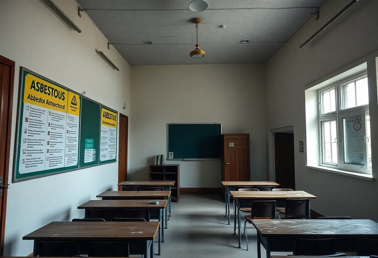 Empty classroom with noticeboards posing asbestos risks