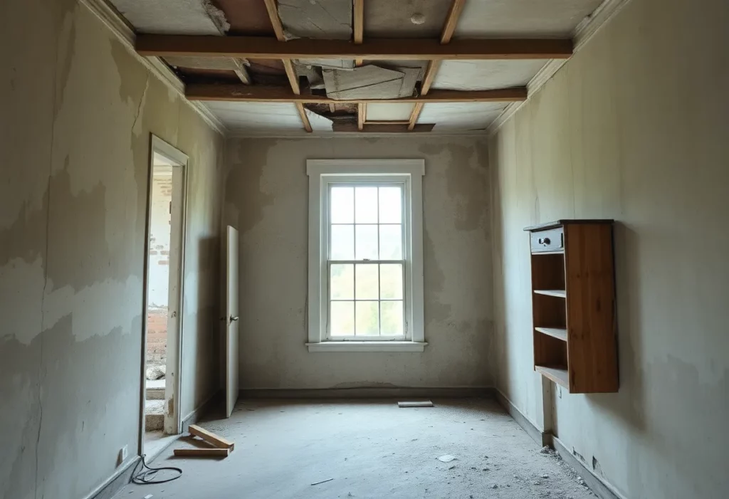 Interior view of an older home with visible construction materials possibly containing asbestos.