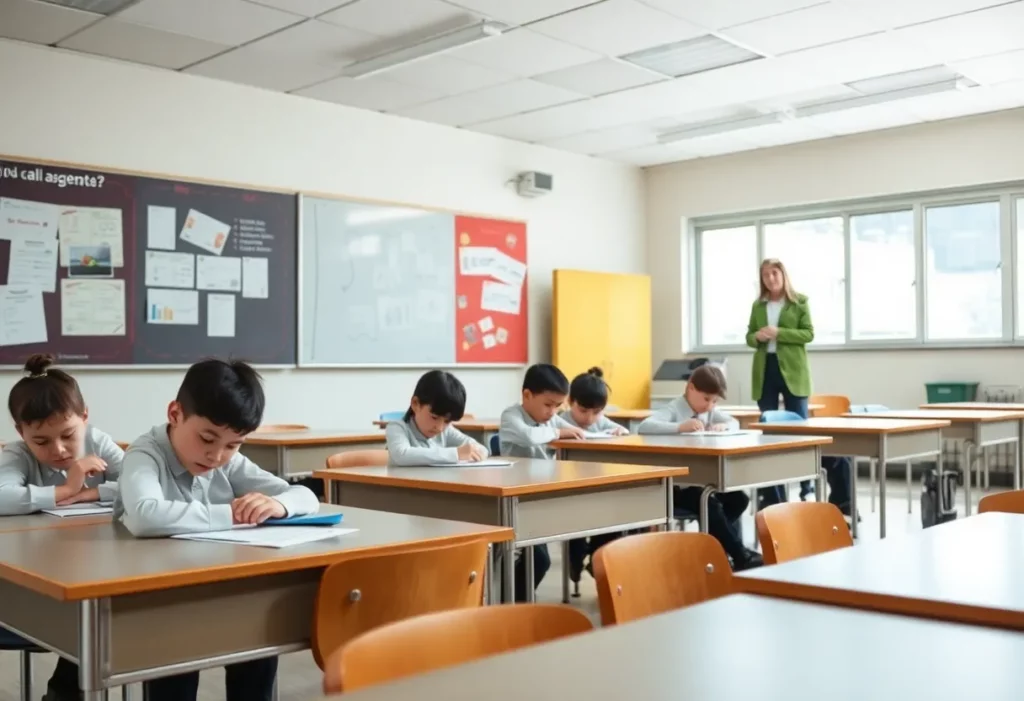 Students and teachers in a classroom with safety measures against asbestos