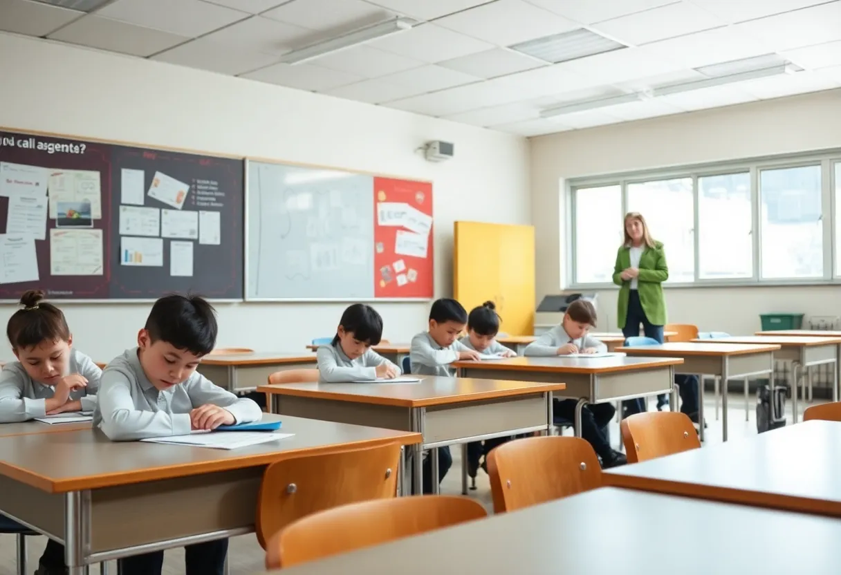 Students and teachers in a classroom with safety measures against asbestos