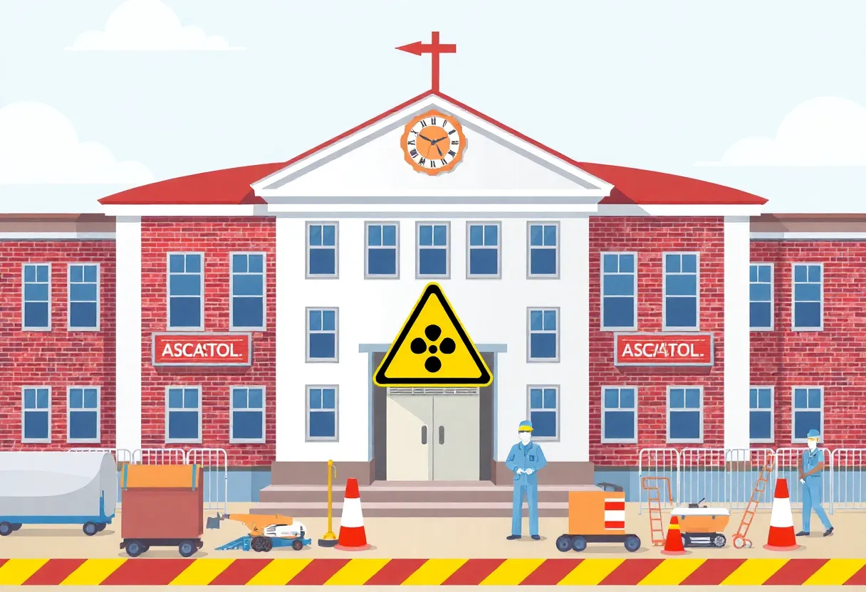 School building with asbestos warning sign and construction equipment